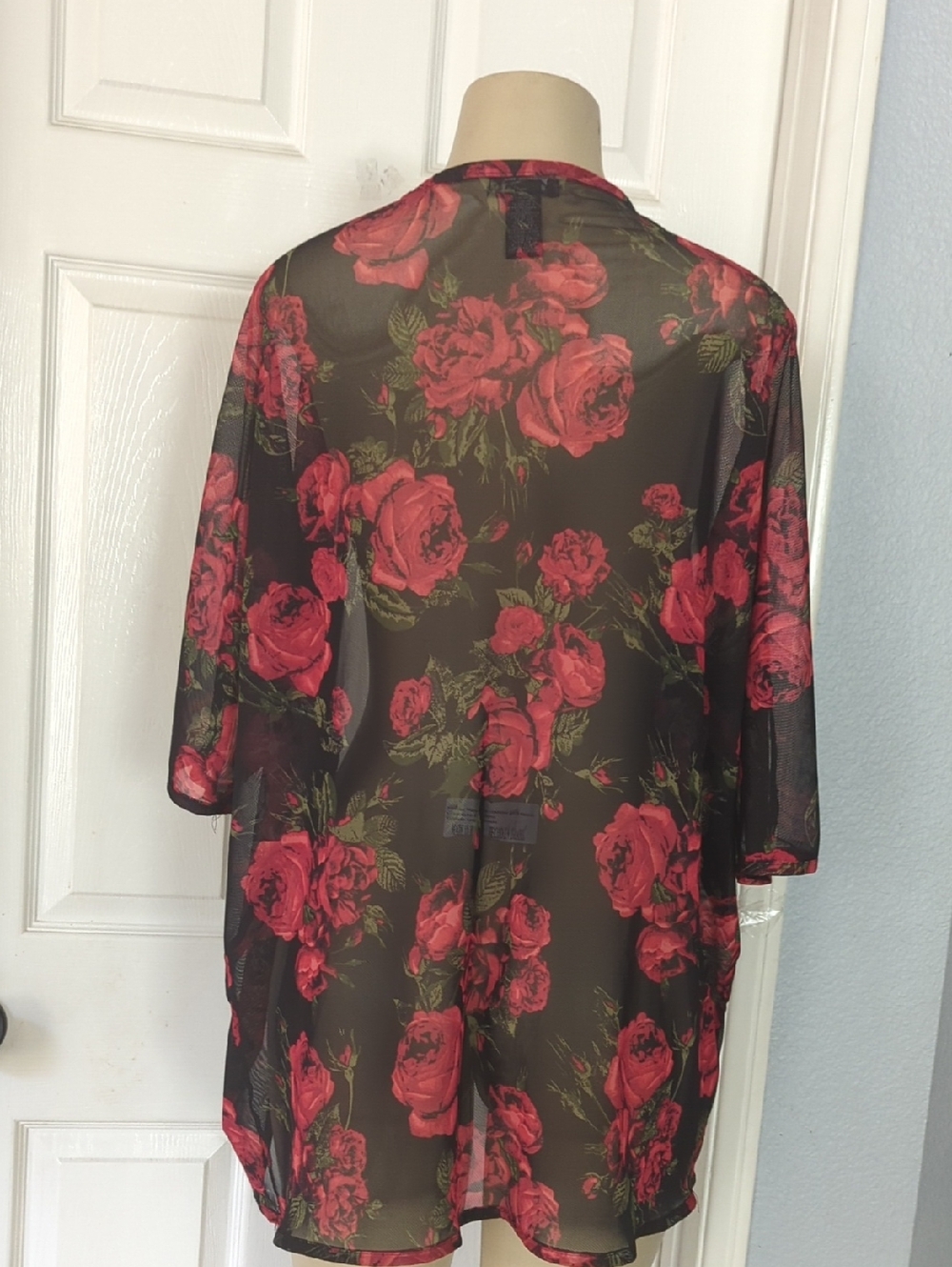 Chesley Sheer Black Kimono with Red Rose Print